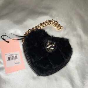 Juicy Couture Liquorice Get Cozy Faux Fur Heart Zip Around Wristlet JC Logo NWT